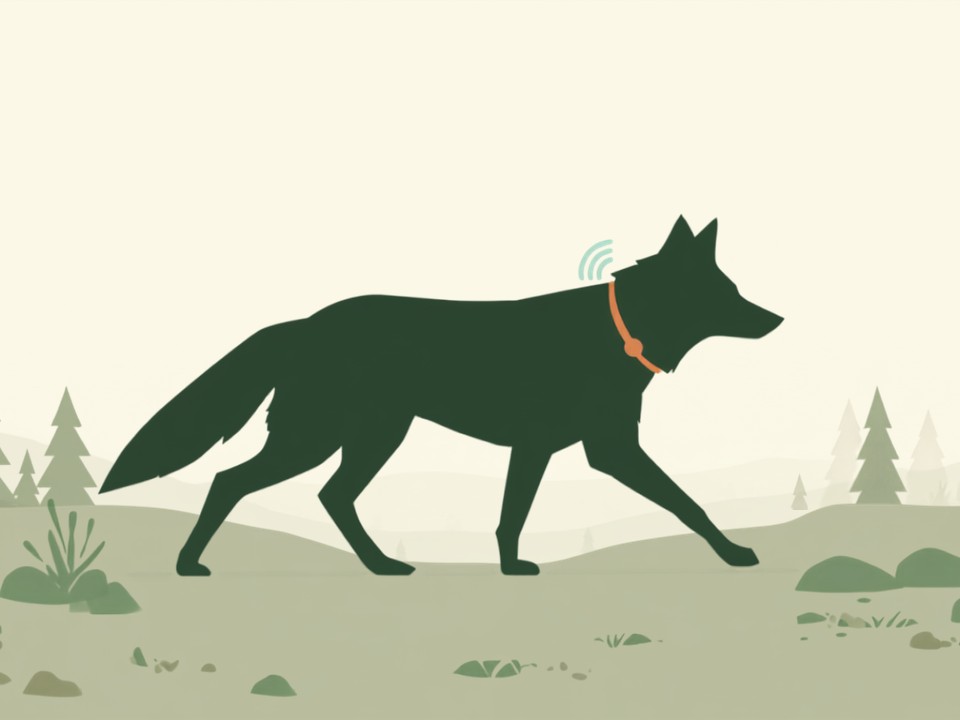 Silueta de lobo ibérico con collar de seguimiento GPS/IoT en el bosque, ilustración