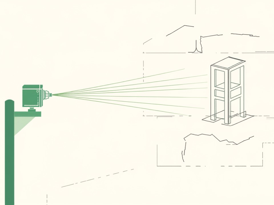 Sensor IoT en infraestructura pública generando un gemelo digital de la estructura, ilustración técnica